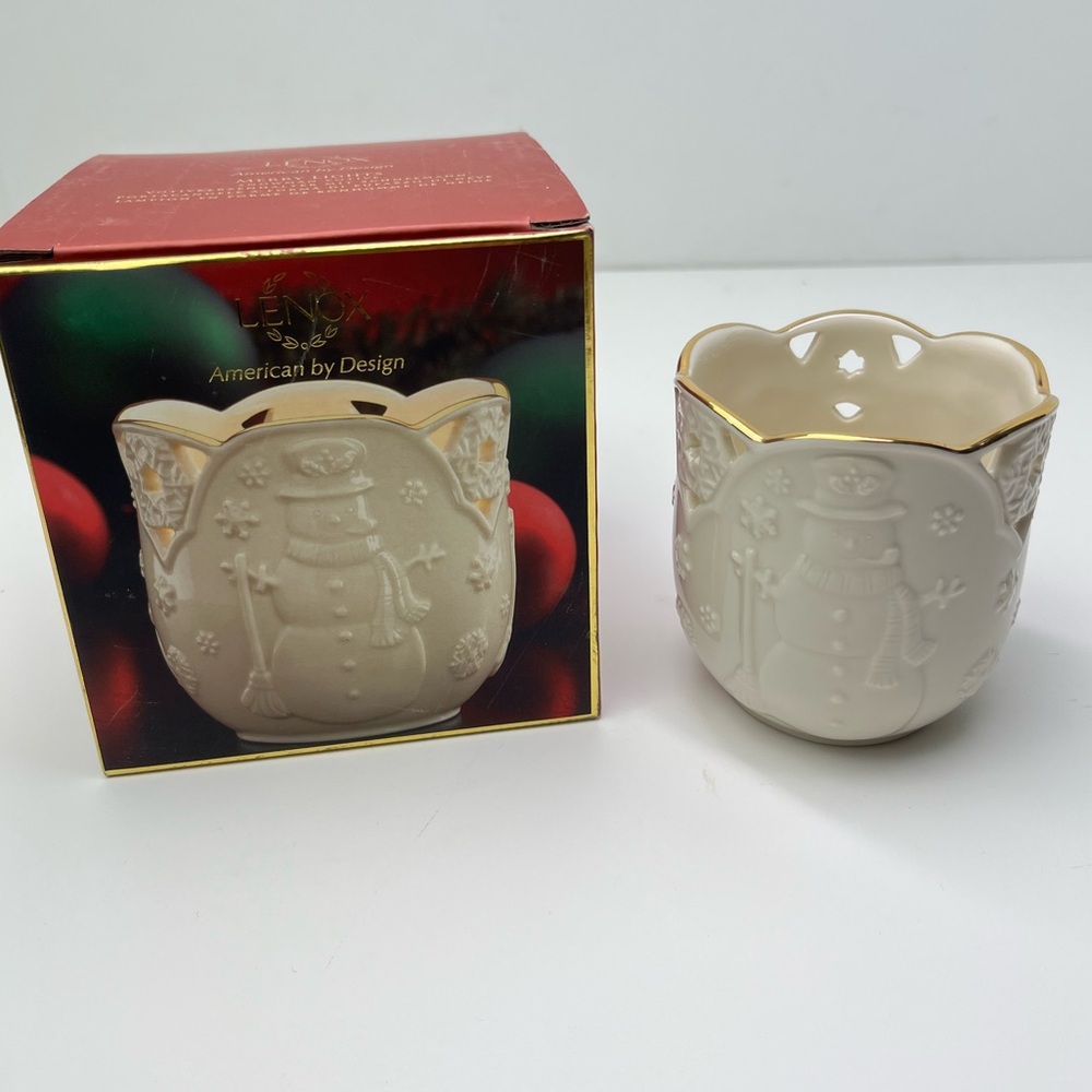 Lenox Merry Lights Snowman Christmas Holiday Cream Gold Votive Candle Holder
